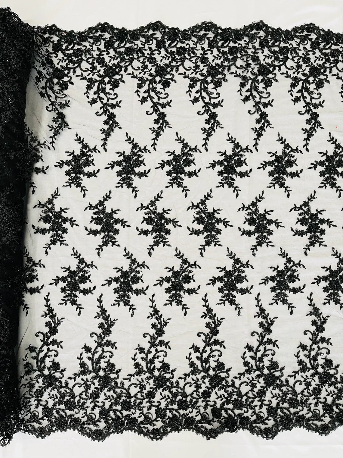 Beaded Floral Cluster - Black - Fancy Embroidered Glamorous Floral Design by Yard