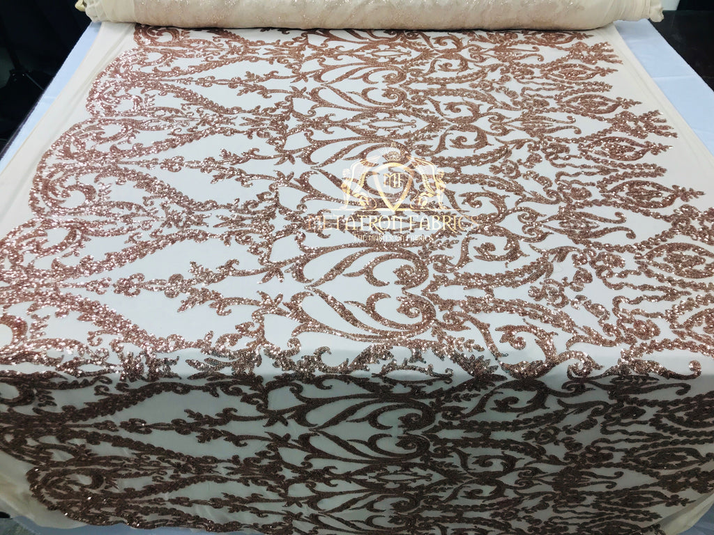 4 Way Stretch - Rose Gold - Sequins Damask Design Fabric Embroidered On Mesh Sold By The Yard