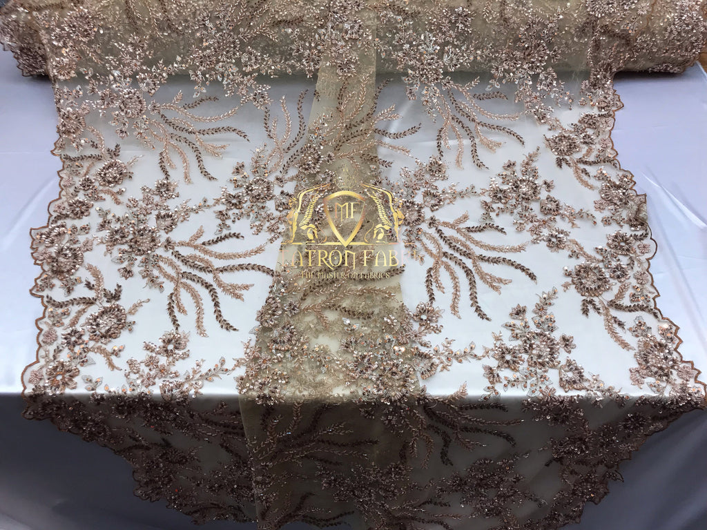 Beaded - Champagne - Fancy Flower Design Sequins Fabric with Beads Sold By The Yard