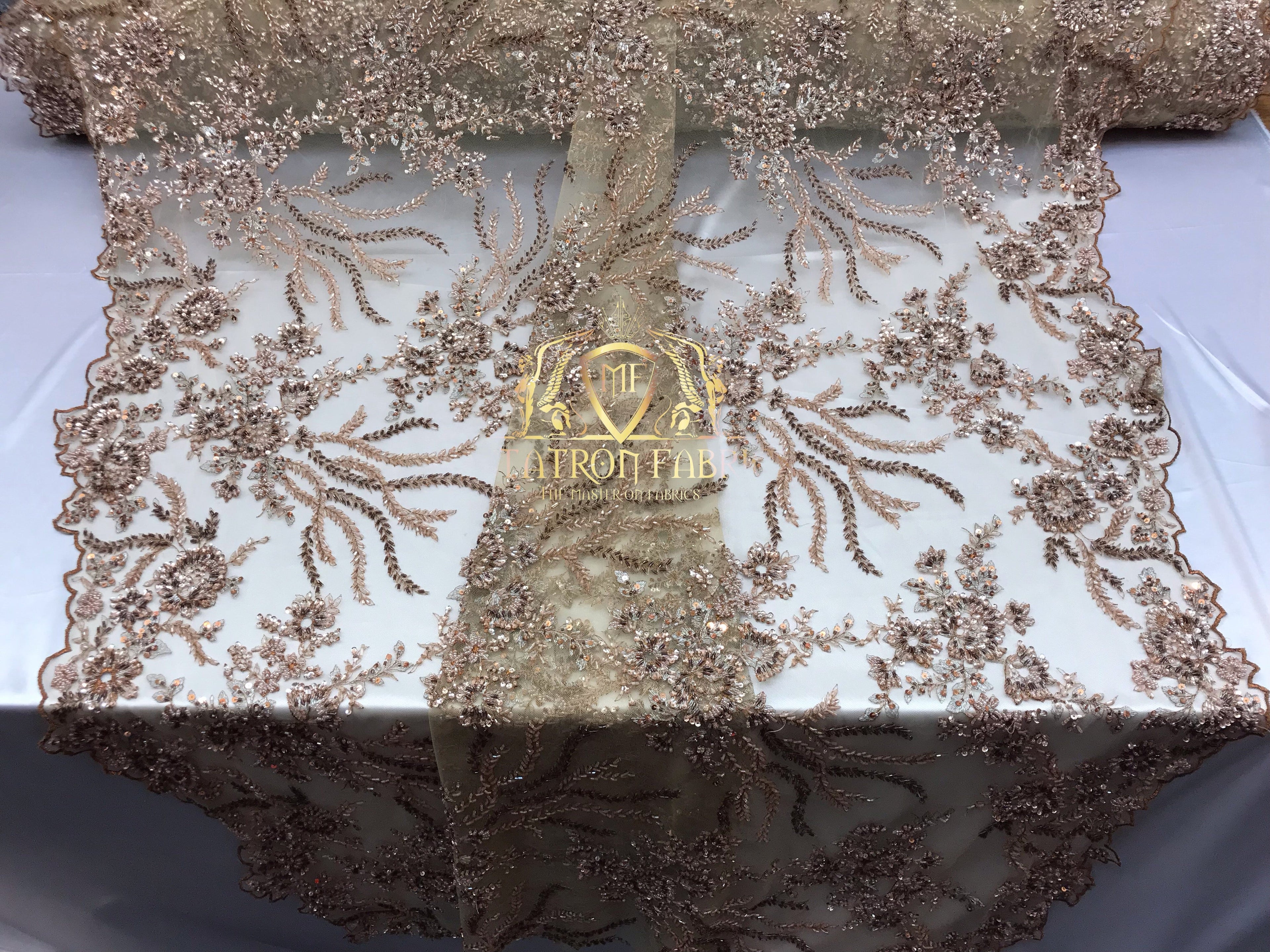 Beaded - Champagne - Fancy Flower Design Sequins Fabric with Beads Sold By The Yard