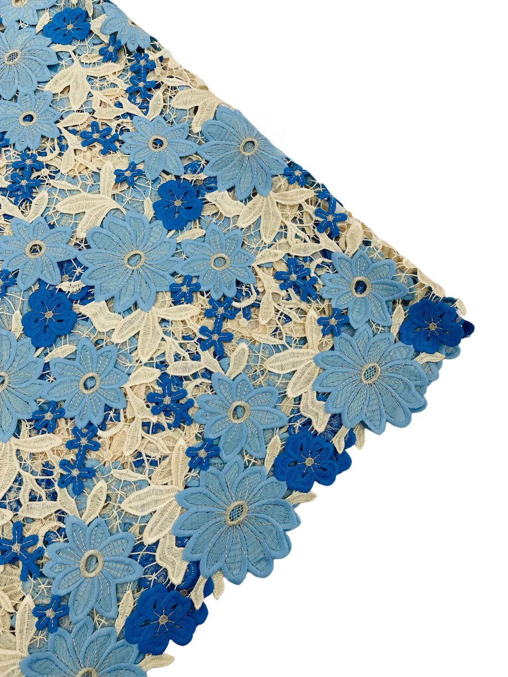 Multi-Color Guipure Lace Design Fabric - Blue/Beige - Floral Lace Fabric by Yard