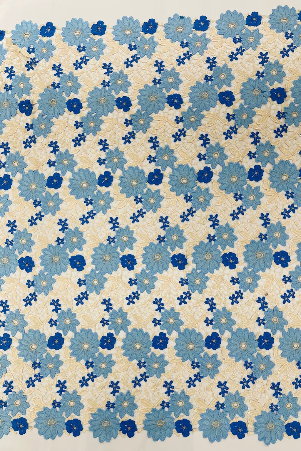 Multi-Color Guipure Lace Design Fabric - Blue/Beige - Floral Lace Fabric by Yard