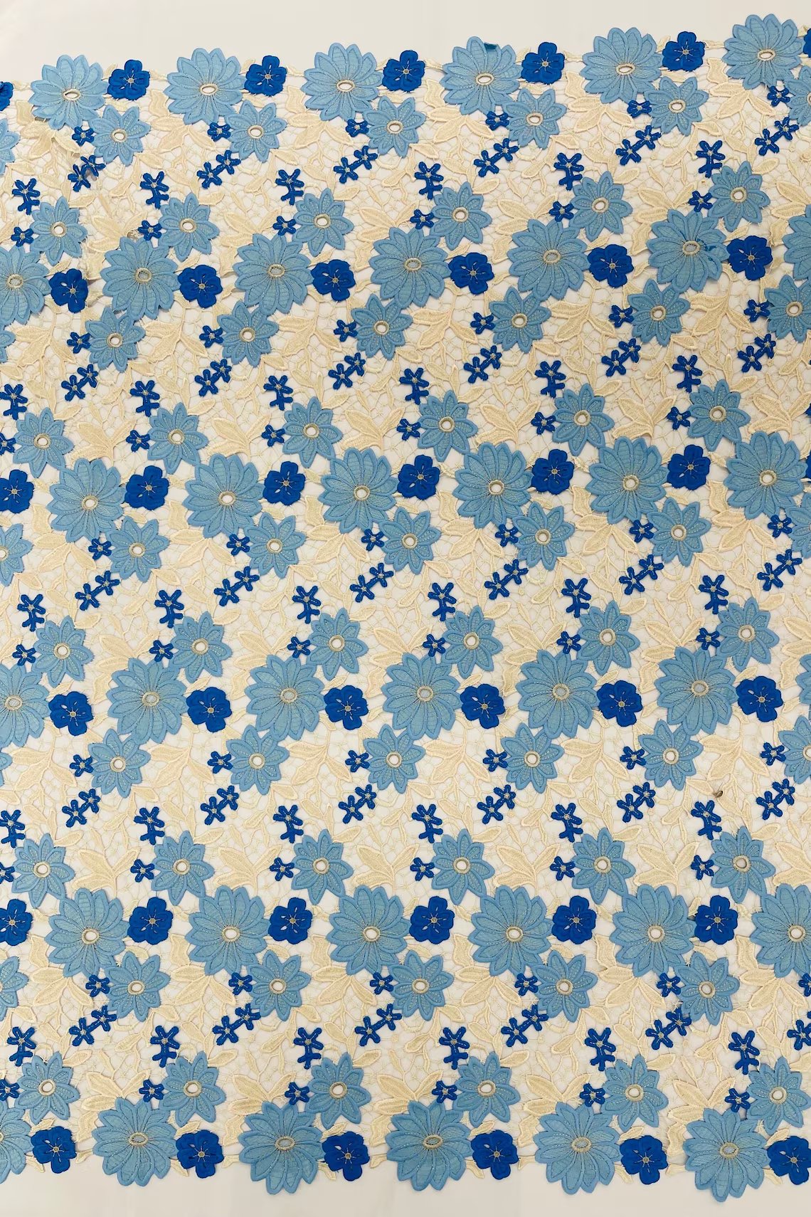 Multi-Color Guipure Lace Design Fabric - Blue/Beige - Floral Lace Fabric by Yard