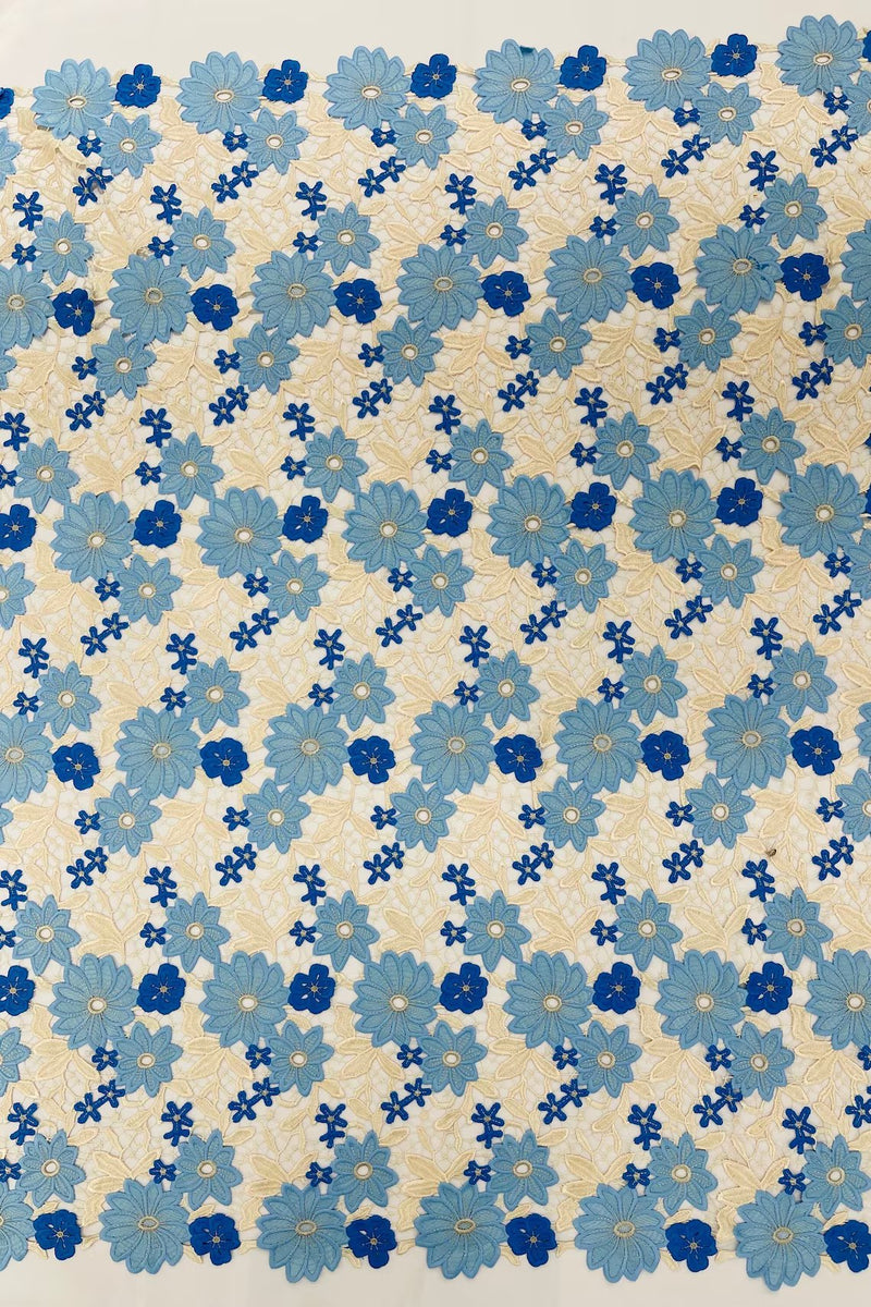 Multi-Color Guipure Lace Design Fabric - Blue/Beige - Floral Lace Fabric by Yard