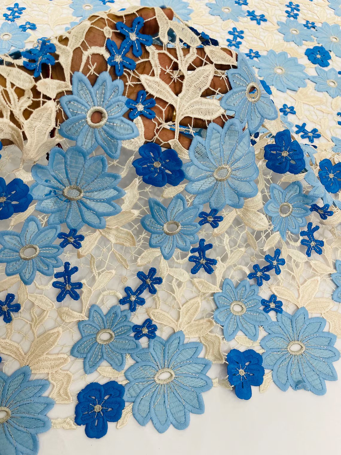 Multi-Color Guipure Lace Design Fabric - Blue/Beige - Floral Lace Fabric by Yard