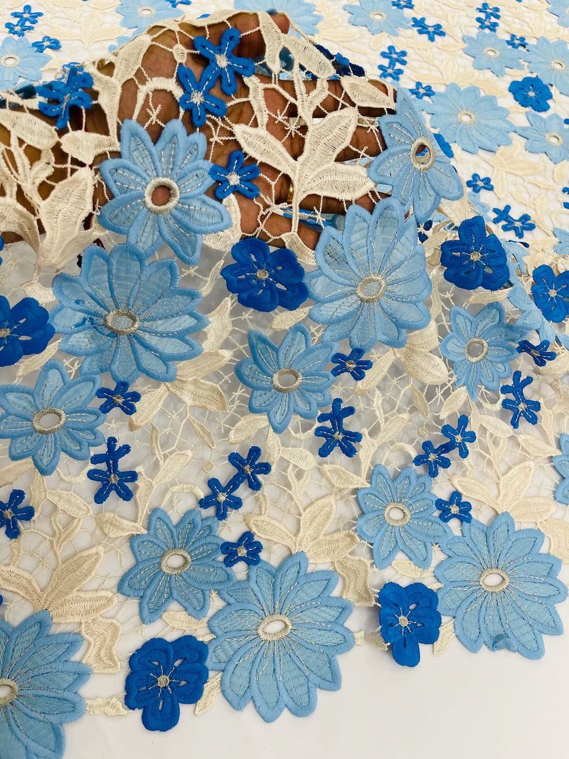 Multi-Color Guipure Lace Design Fabric - Blue/Beige - Floral Lace Fabric by Yard
