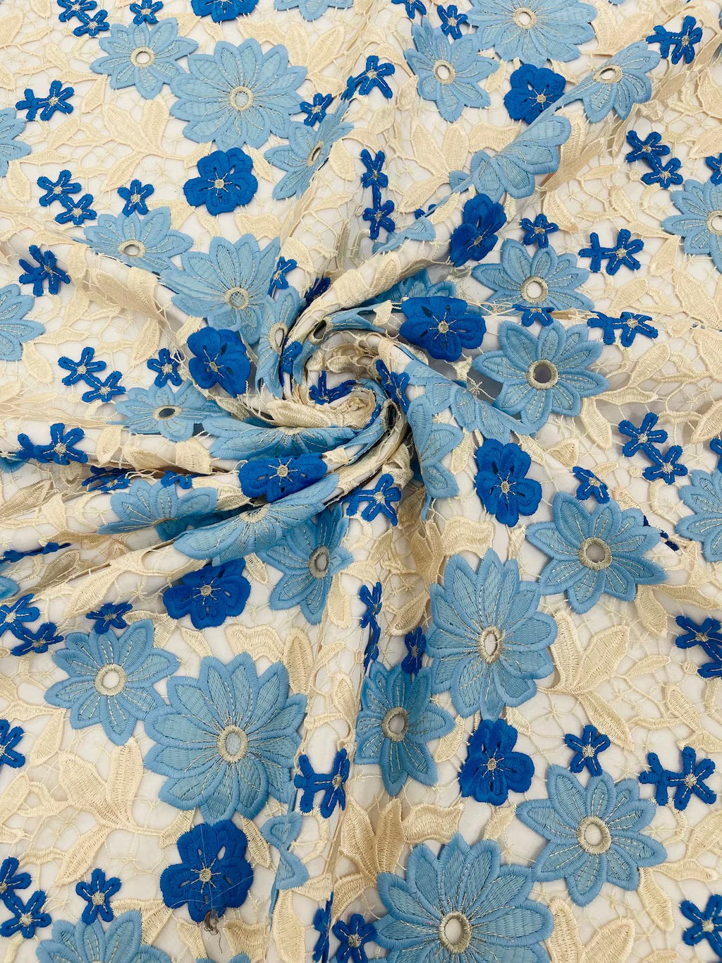 Multi-Color Guipure Lace Design Fabric - Blue/Beige - Floral Lace Fabric by Yard