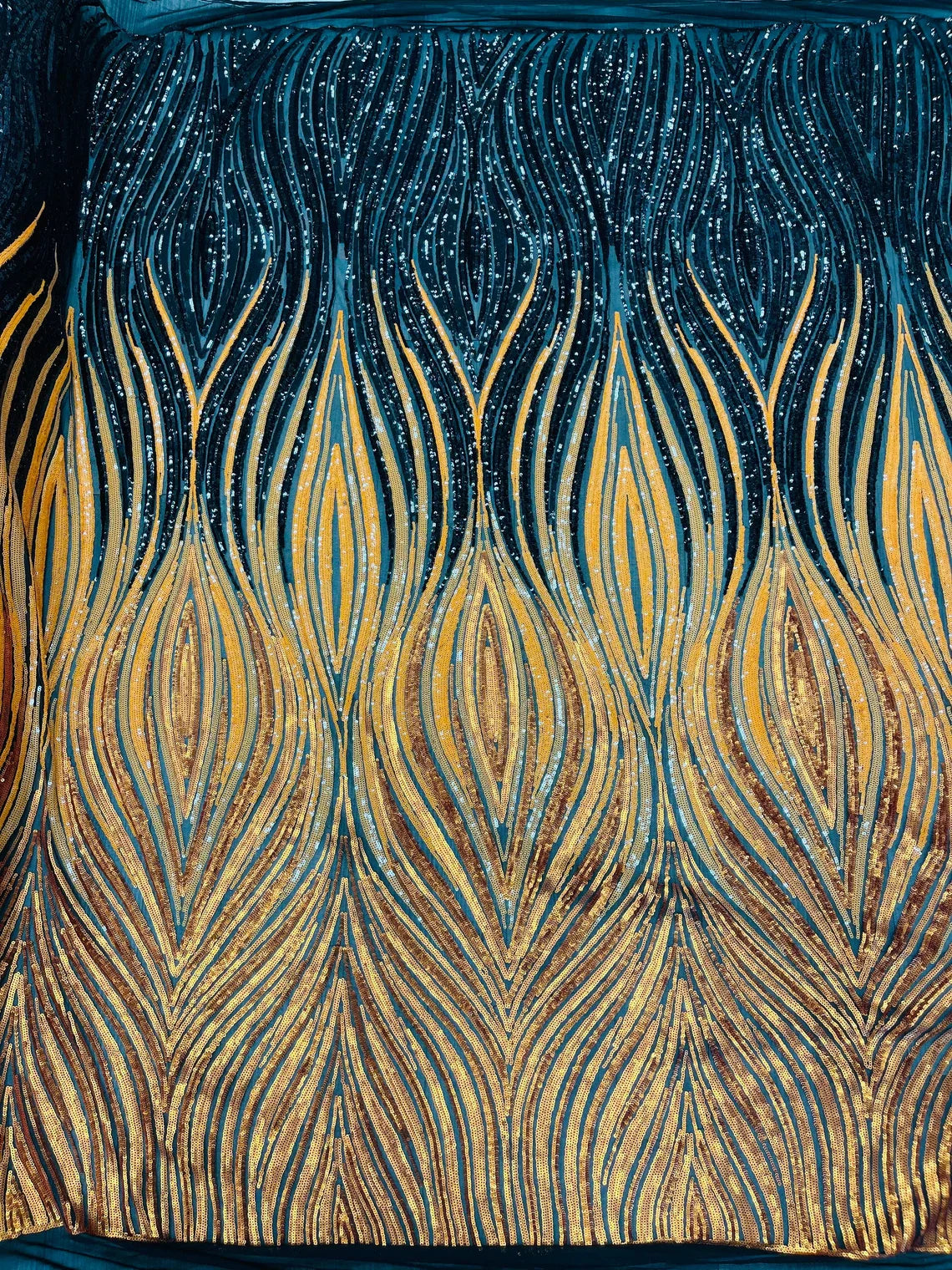 Multi-Color Fabric - Navy/Yellow/Gold - Feather Shape Sequins Fabric Sold By Yard