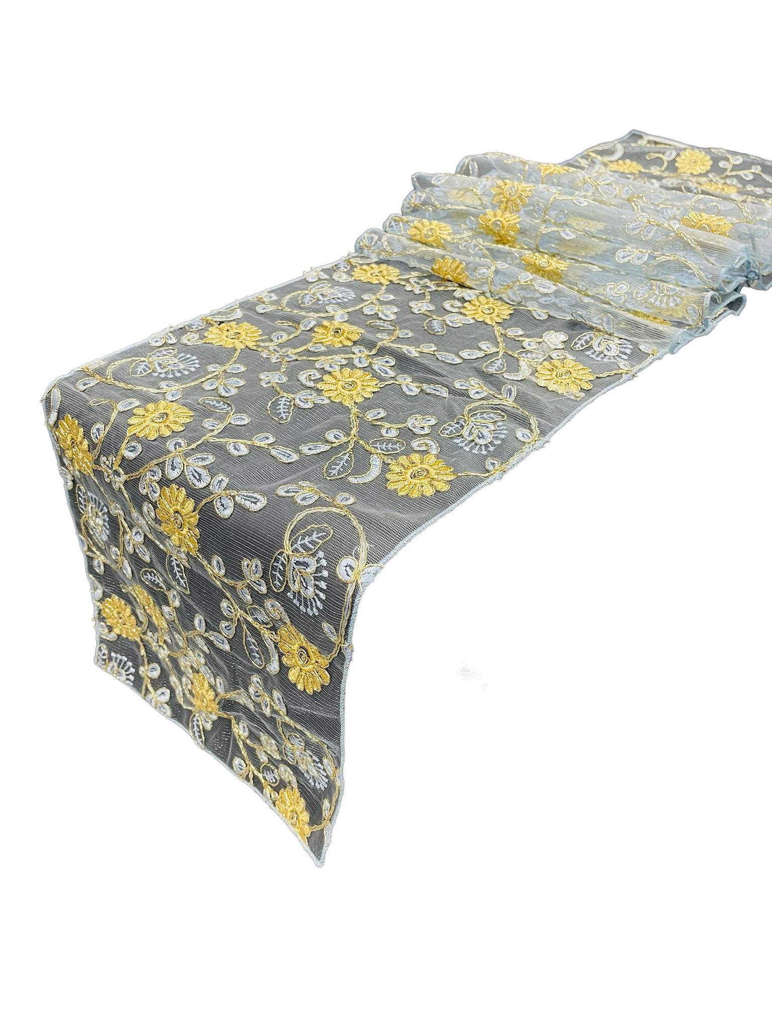 12" x 90" Metallic Flower Table Runner - Gold / Blue - Fancy Runner for Event Decor