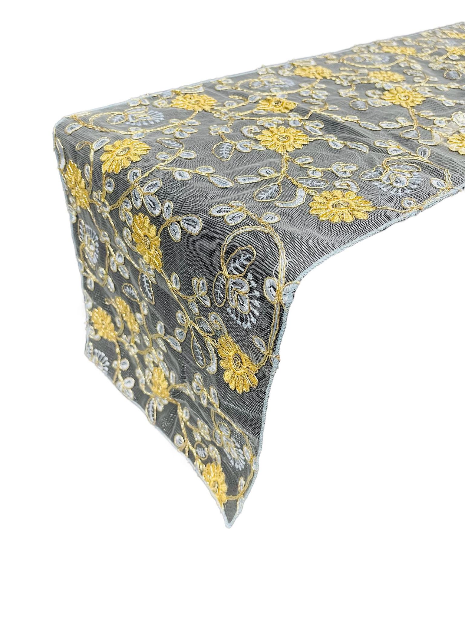 12" x 90" Metallic Flower Table Runner - Gold / Blue - Fancy Runner for Event Decor