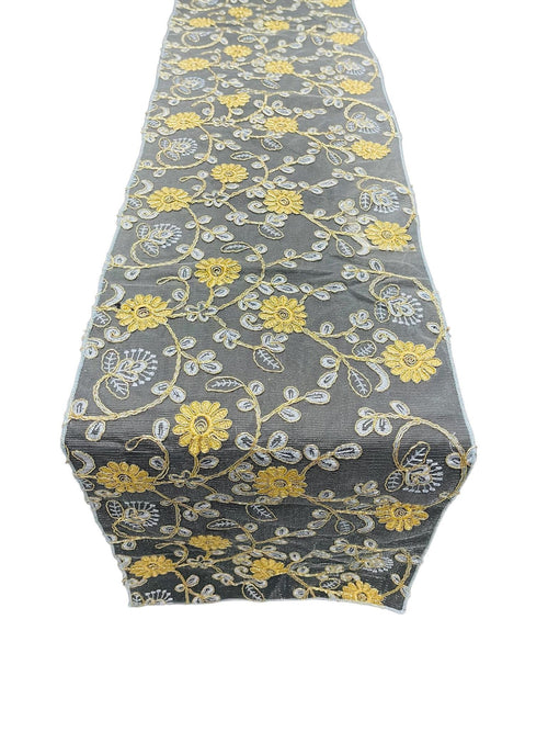 12" x 90" Metallic Flower Table Runner - Gold / Blue - Fancy Runner for Event Decor