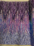 Multi-Color Fabric - Iridescent Plum / Blue - Feather Shape Sequins Fabric Sold By Yard
