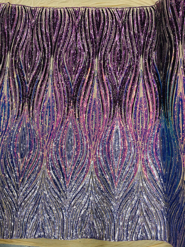 Multi-Color Fabric - Iridescent Plum / Blue - Feather Shape Sequins Fabric Sold By Yard