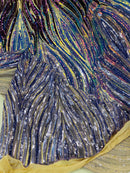 Multi-Color Fabric - Iridescent Plum / Blue - Feather Shape Sequins Fabric Sold By Yard