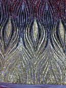 Multi-Color Fabric - Iridescent Plum / Blue - Feather Shape Sequins Fabric Sold By Yard