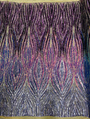 Multi-Color Fabric - Iridescent Plum / Blue - Feather Shape Sequins Fabric Sold By Yard