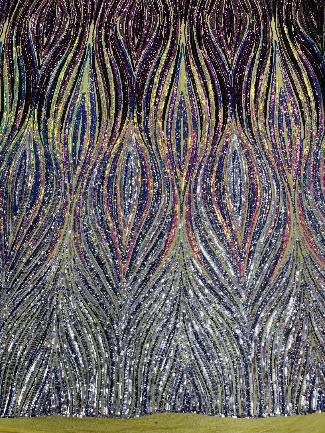 Multi-Color Fabric - Iridescent Plum / Blue - Feather Shape Sequins Fabric Sold By Yard