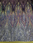 Multi-Color Fabric - Iridescent Plum / Blue - Feather Shape Sequins Fabric Sold By Yard