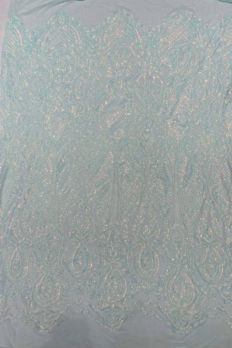 4 Way Stretch Fabric - Blue / White - Embroidered Pattern Design Sequins Fabric on Mesh By Yard