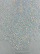 4 Way Stretch Fabric - Blue / White - Embroidered Pattern Design Sequins Fabric on Mesh By Yard