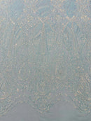 4 Way Stretch Fabric - Blue / White - Embroidered Pattern Design Sequins Fabric on Mesh By Yard
