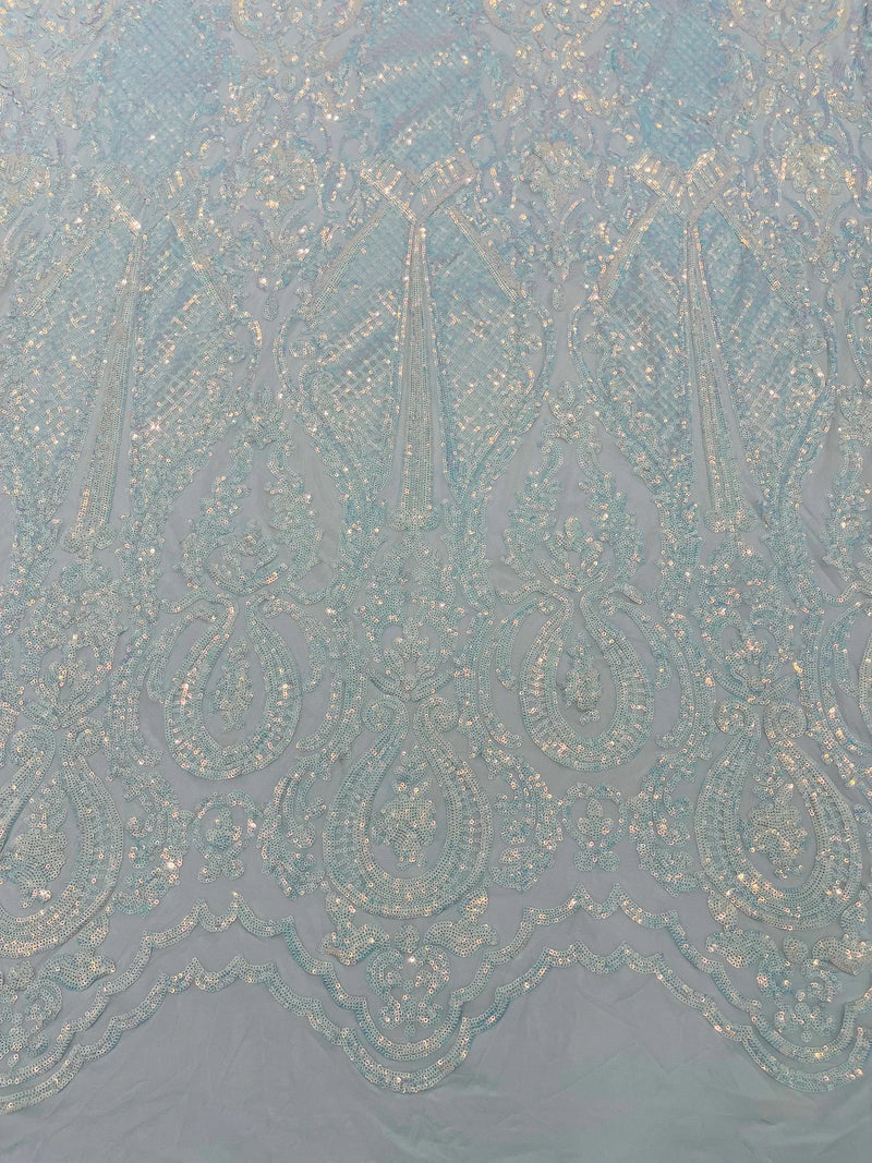 4 Way Stretch Fabric - Blue / White - Embroidered Pattern Design Sequins Fabric on Mesh By Yard