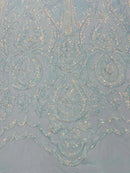 4 Way Stretch Fabric - Blue / White - Embroidered Pattern Design Sequins Fabric on Mesh By Yard