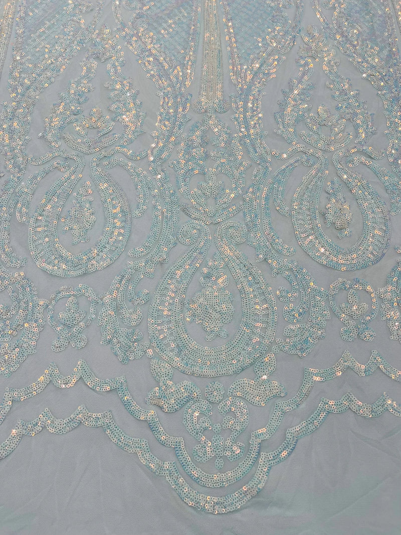 4 Way Stretch Fabric - Blue / White - Embroidered Pattern Design Sequins Fabric on Mesh By Yard