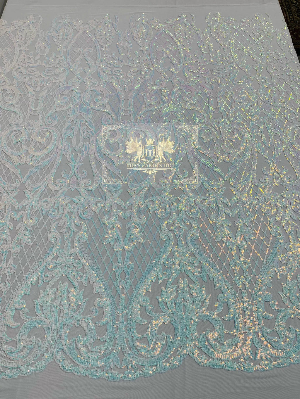 Heart Damask Sequins - Blue/White Iridescent - 4 Way Stretch Elegant Shiny Net Sequins Fabric By Yard