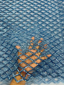 Diamond Sequins Fabric - Blue - Diamond Geometric Net Design on Mesh Lace Fabric By Yard