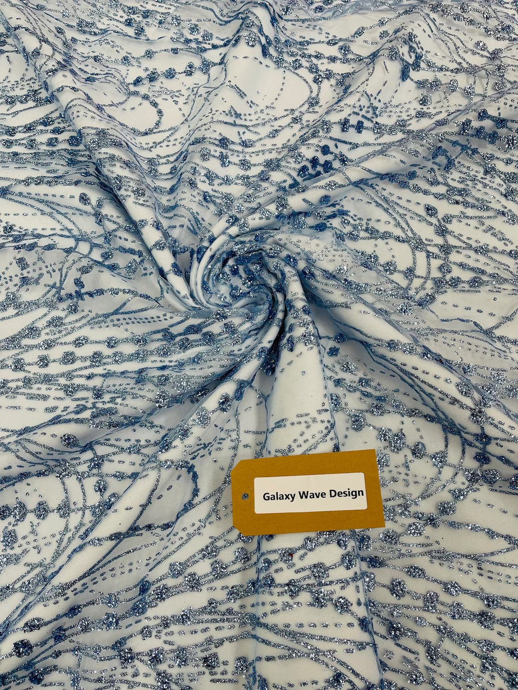 Tulle Glitter Fancy Line Fabric - Blue - Tulle Fabric with Sparkle Glitter Design Sold By Yard