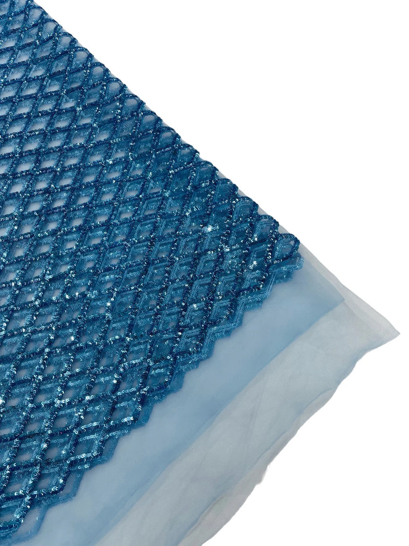 Diamond Sequins Fabric - Blue - Diamond Geometric Net Design on Mesh Lace Fabric By Yard