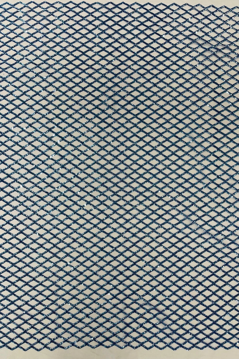 Diamond Sequins Fabric - Blue - Diamond Geometric Net Design on Mesh Lace Fabric By Yard
