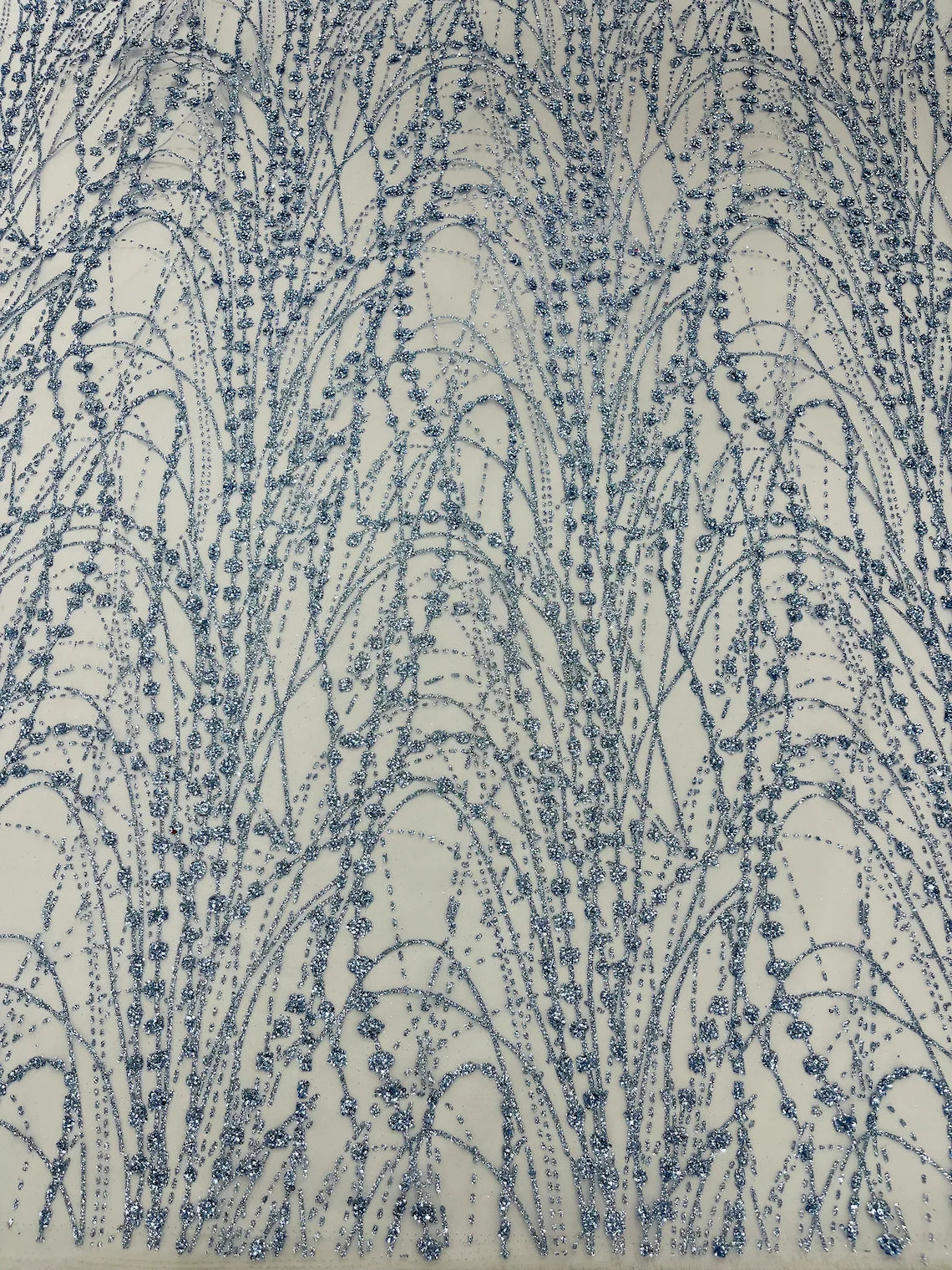 Tulle Glitter Fancy Line Fabric - Blue - Tulle Fabric with Sparkle Glitter Design Sold By Yard
