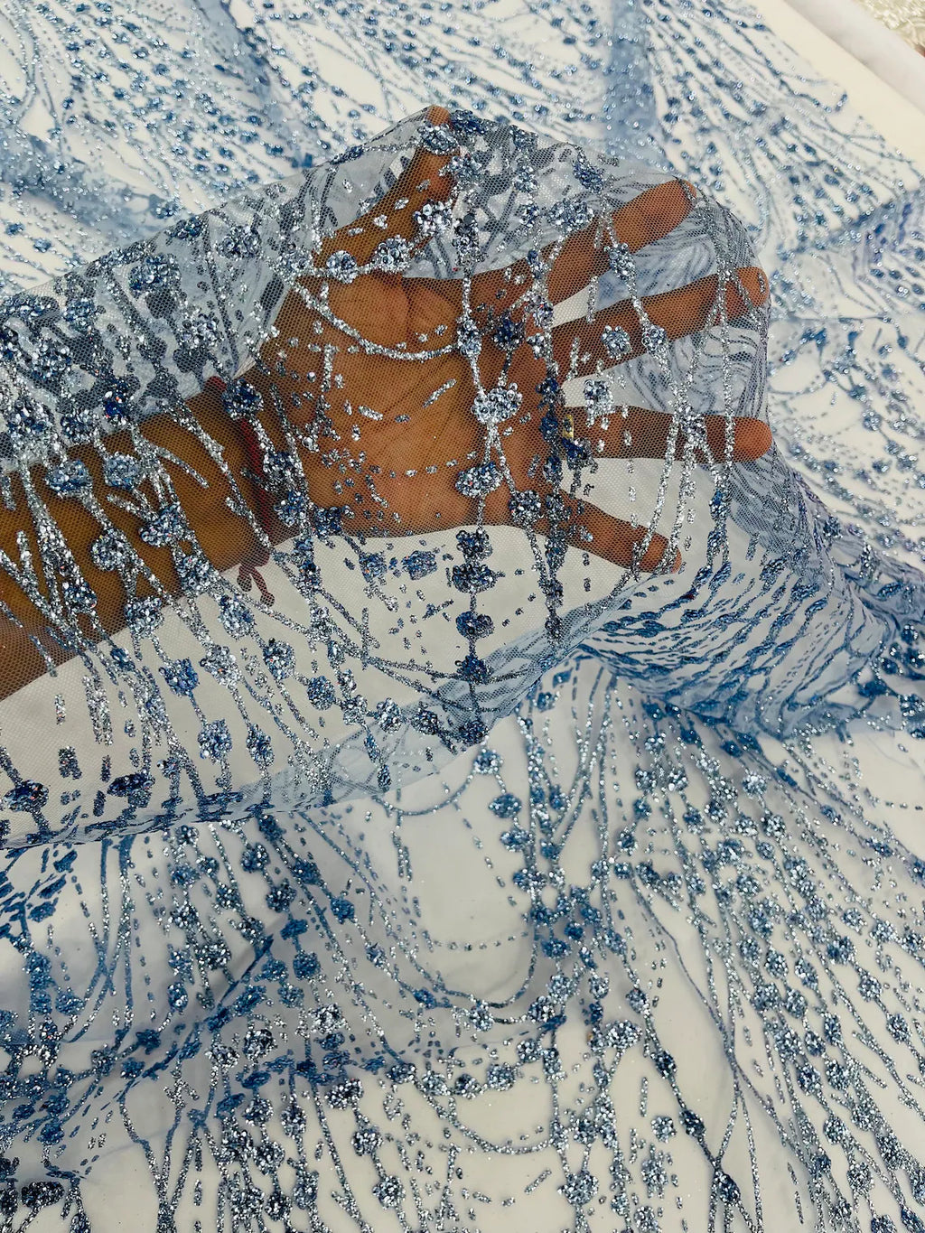 Tulle Glitter Fancy Line Fabric - Blue - Tulle Fabric with Sparkle Glitter Design Sold By Yard