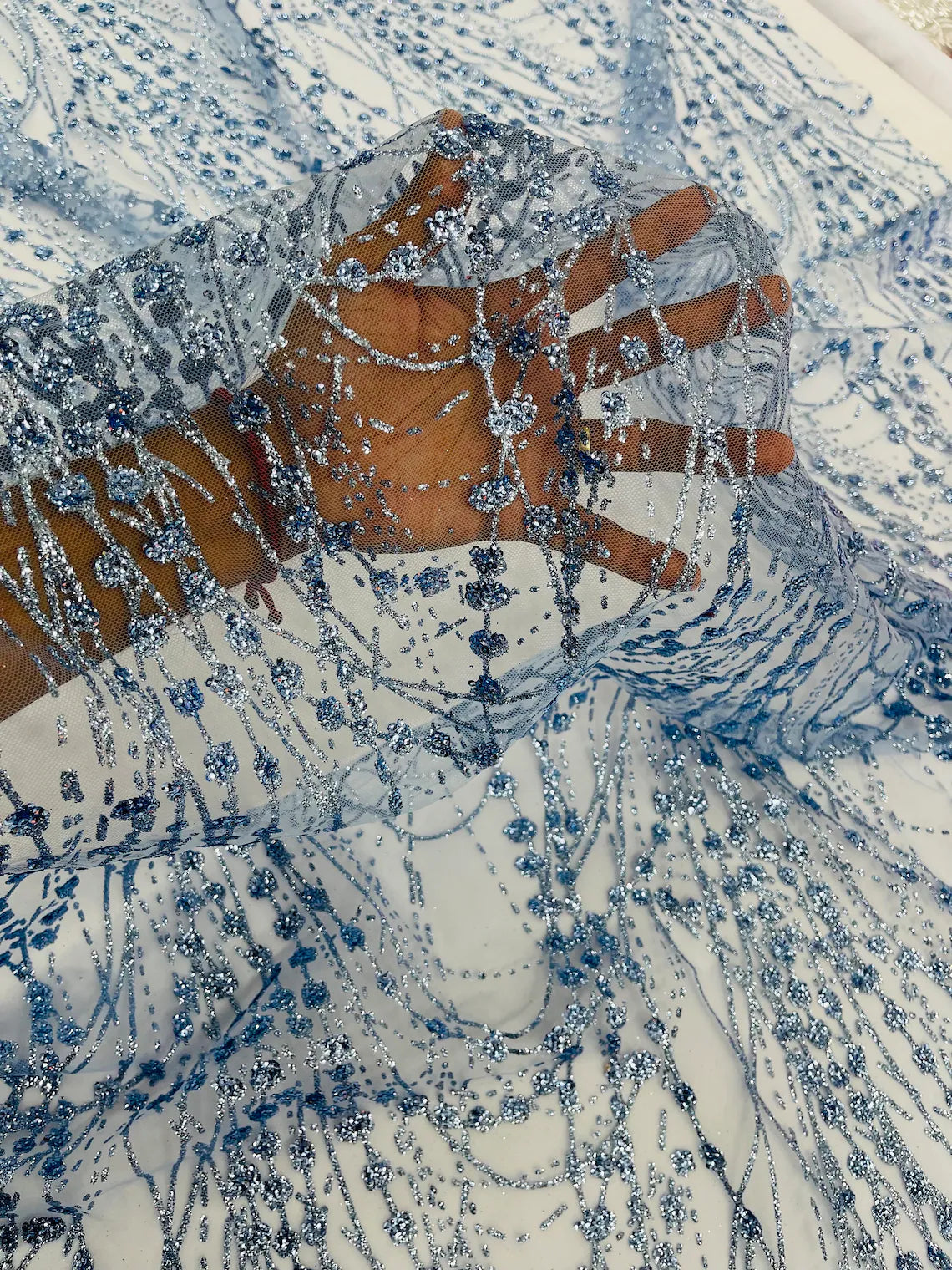 Tulle Glitter Fancy Line Fabric - Blue - Tulle Fabric with Sparkle Glitter Design Sold By Yard