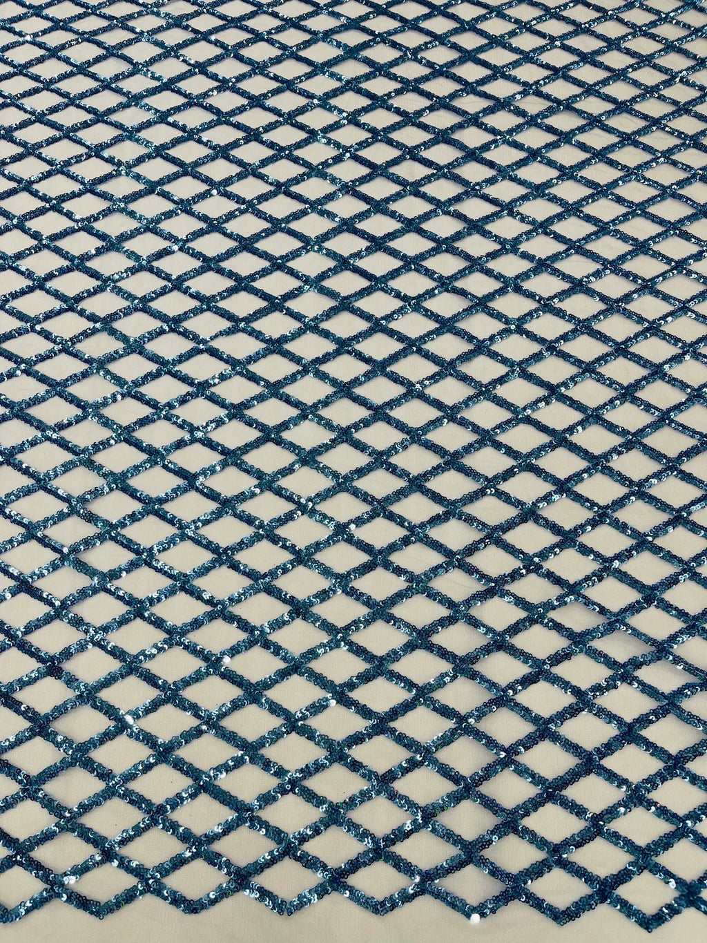 Diamond Sequins Fabric - Blue - Diamond Geometric Net Design on Mesh Lace Fabric By Yard