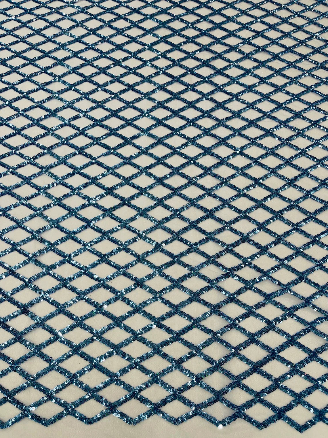 Diamond Sequins Fabric - Blue - Diamond Geometric Net Design on Mesh Lace Fabric By Yard