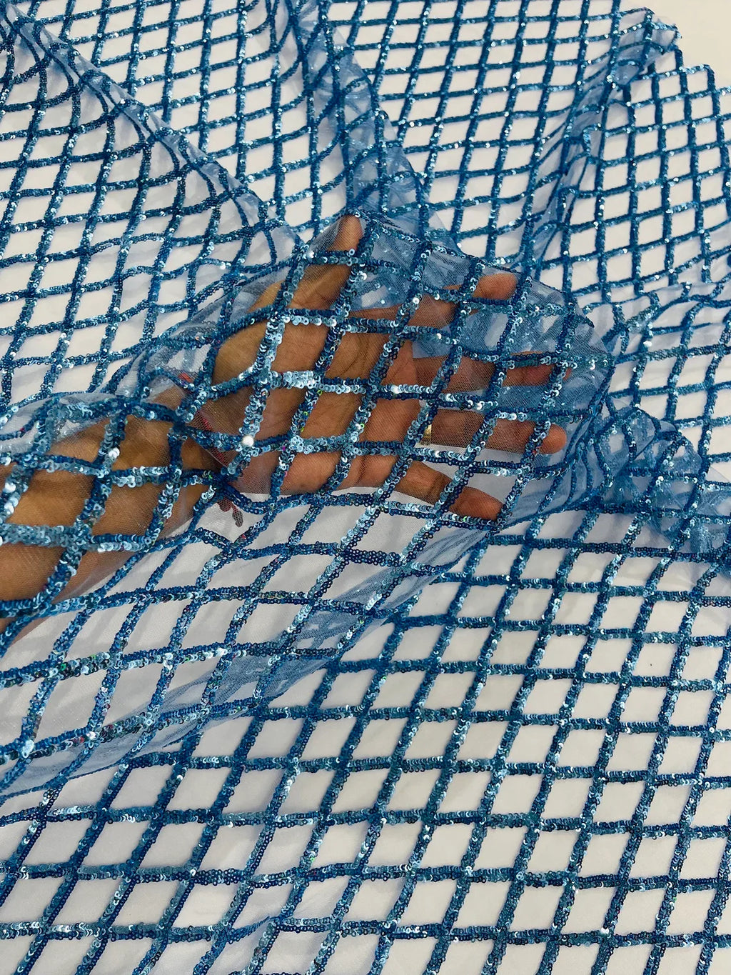 Diamond Sequins Fabric - Blue - Diamond Geometric Net Design on Mesh Lace Fabric By Yard