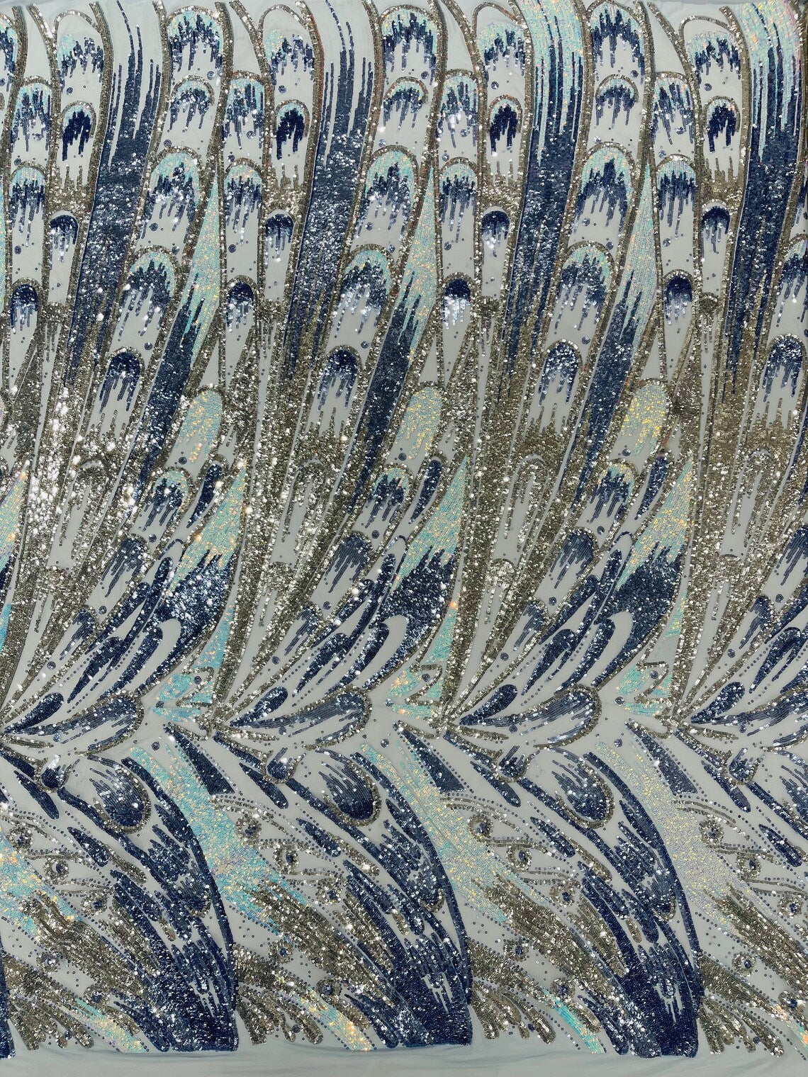 Multi-Color Sequins Design - Blue / Aqua / Silver - 4 Way Stretch Sequins Fabric By The Yard
