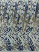 Multi-Color Sequins Design - Blue / Aqua / Silver - 4 Way Stretch Sequins Fabric By The Yard