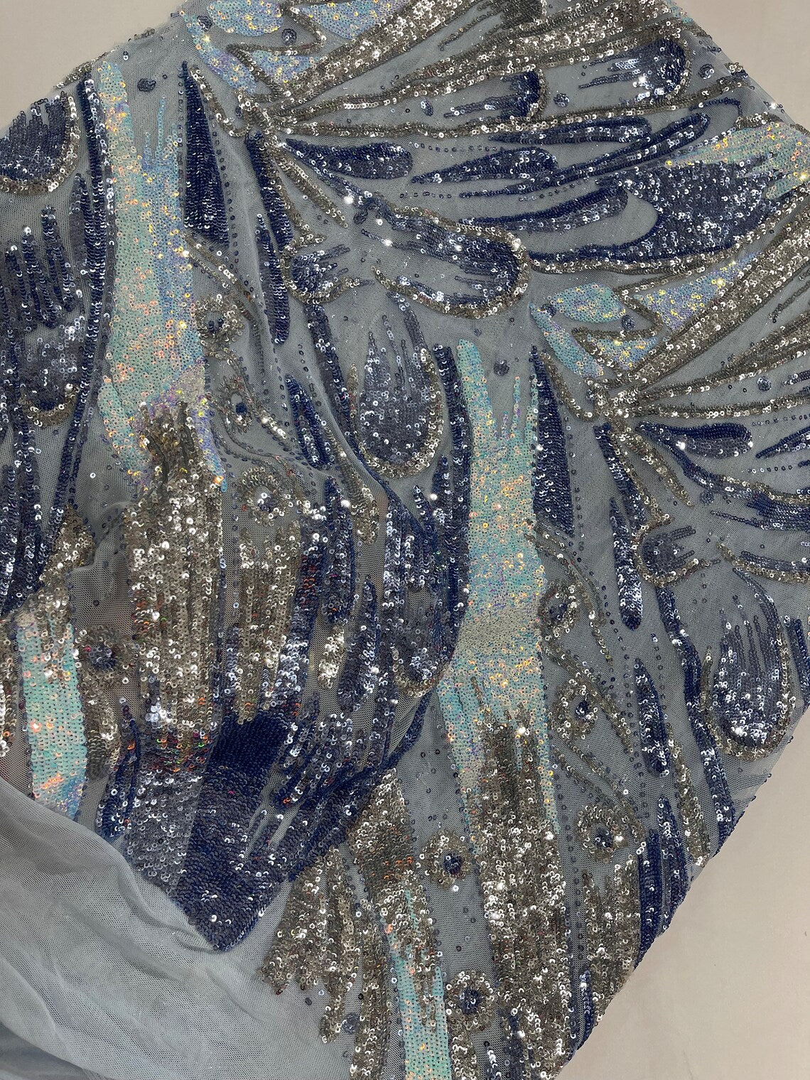 Multi-Color Sequins Design - Blue / Aqua / Silver - 4 Way Stretch Sequins Fabric By The Yard