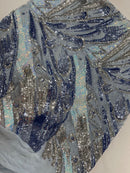 Multi-Color Sequins Design - Blue / Aqua / Silver - 4 Way Stretch Sequins Fabric By The Yard