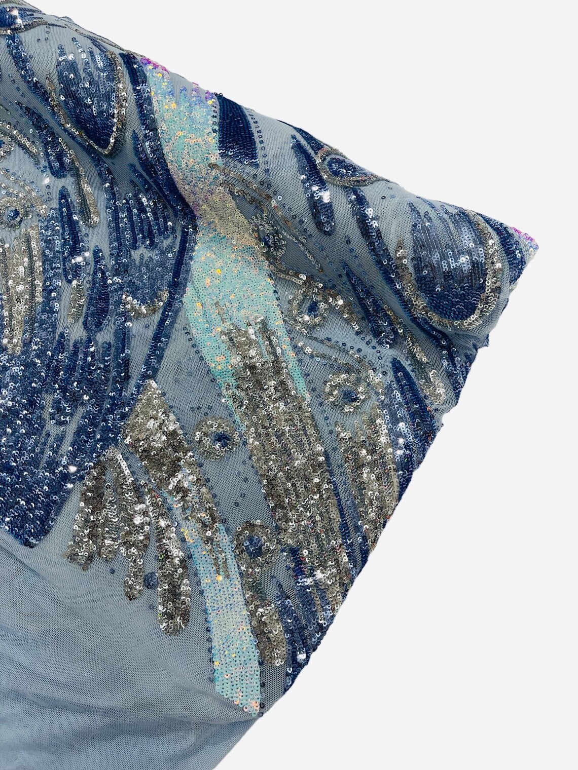Multi-Color Sequins Design - Blue / Aqua / Silver - 4 Way Stretch Sequins Fabric By The Yard