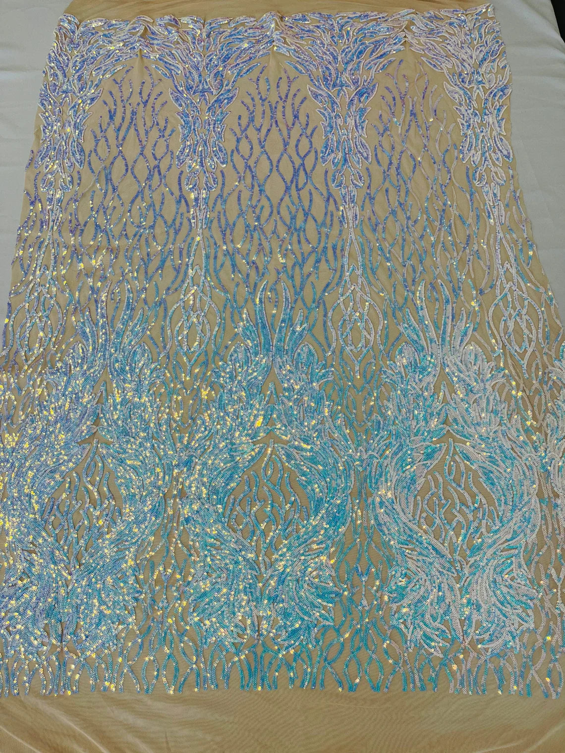 Fancy Leaf Design -  4 Way Stretch Embroidered Sequins Fabric - Pick Color - 25 Yard Roll