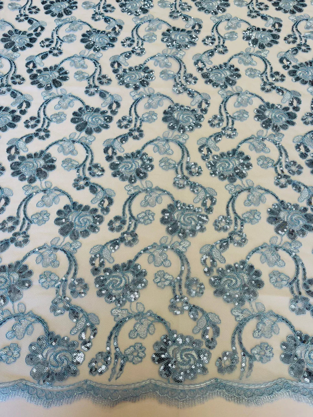 Embroidered Flower Lace - Baby Blue - Corded Floral Lace With Sequins Sold By Yard
