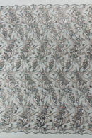 Floral Multi-Color Fabric - Blush / Silver - Flower and Leaves Lace Sequins Fabric Sold By Yard
