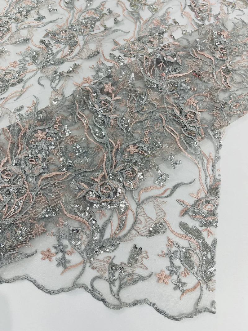 Floral Multi-Color Fabric - Blush / Silver - Flower and Leaves Lace Sequins Fabric Sold By Yard