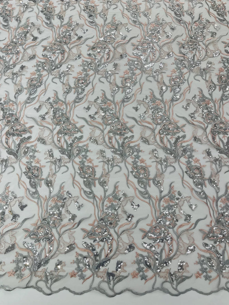 Floral Multi-Color Fabric - Blush / Silver - Flower and Leaves Lace Sequins Fabric Sold By Yard