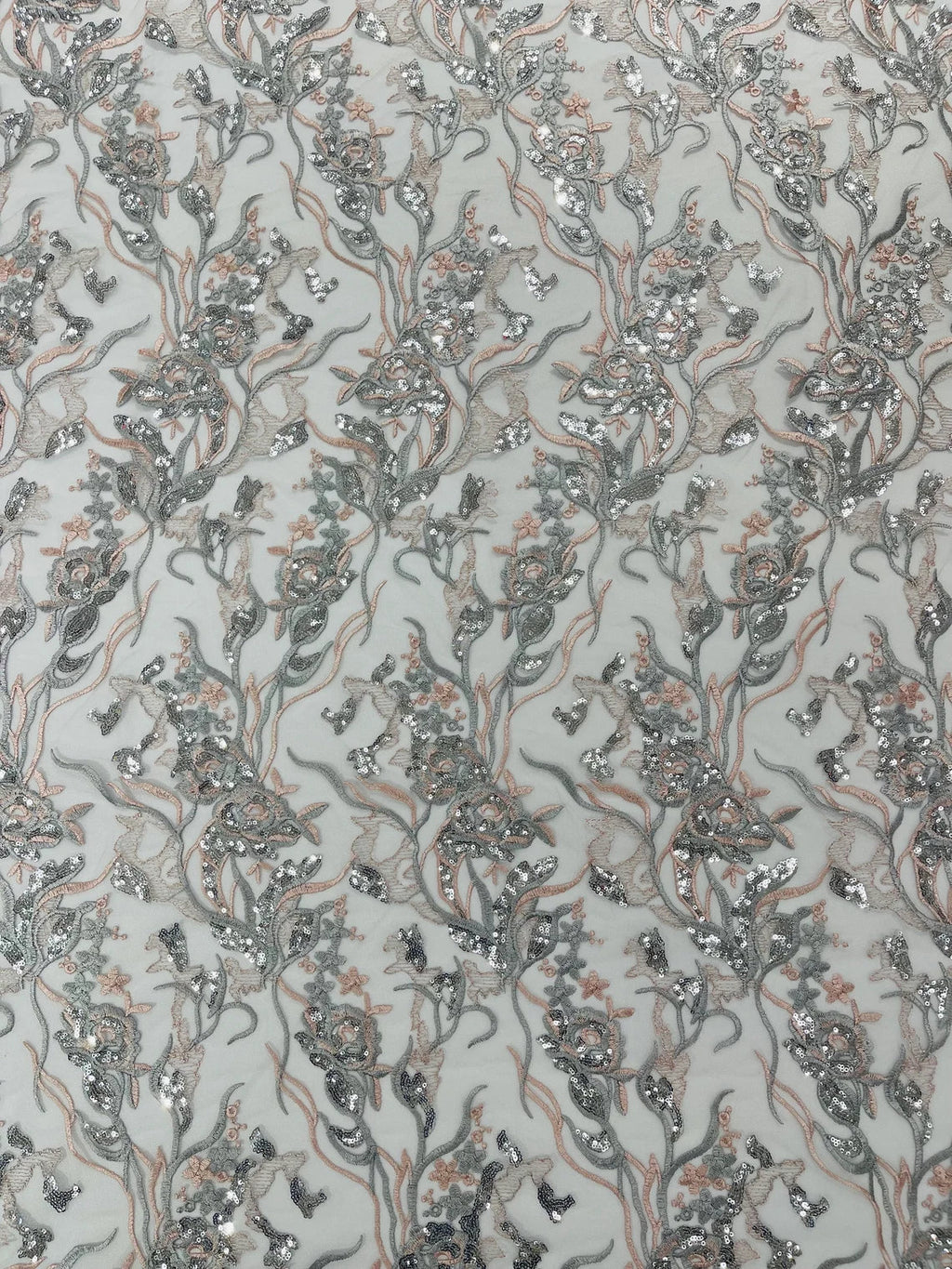 Floral Multi-Color Fabric - Blush / Silver - Flower and Leaves Lace Sequins Fabric Sold By Yard